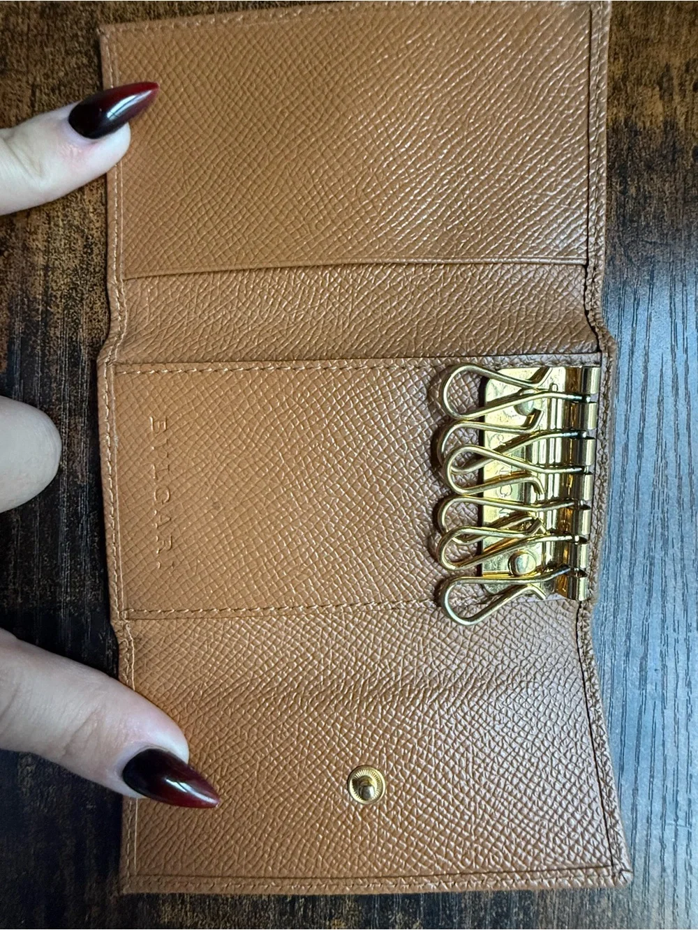 Bvlgari Tan Pebbled Leather Wallet with Gold Logo Medallion